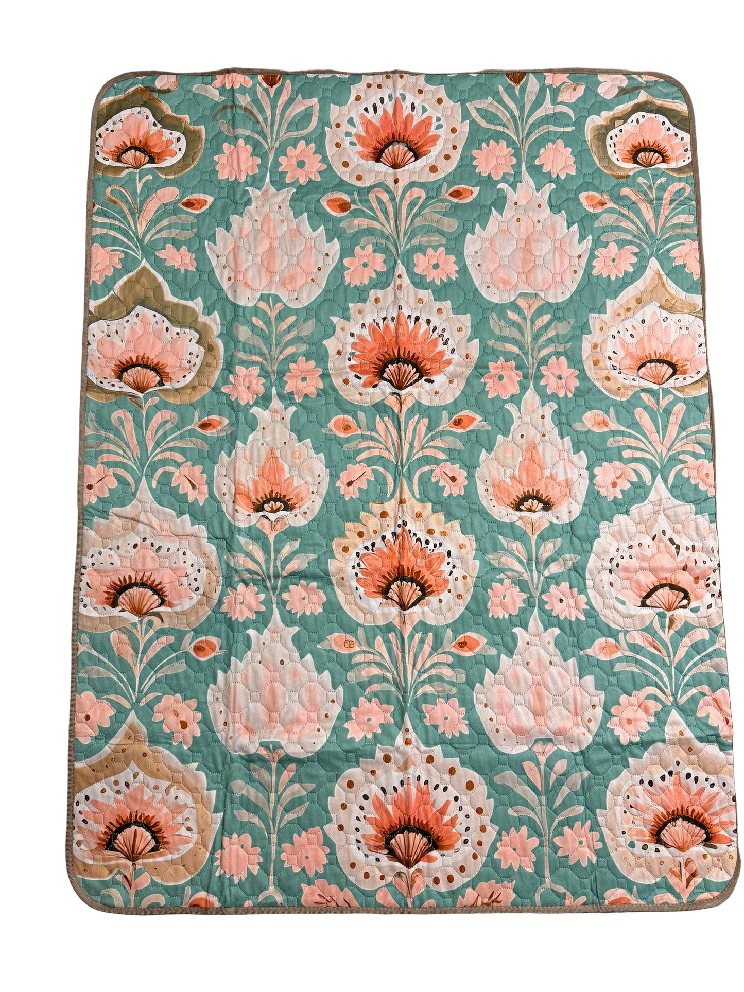 Floral patterned rug on a wooden floor